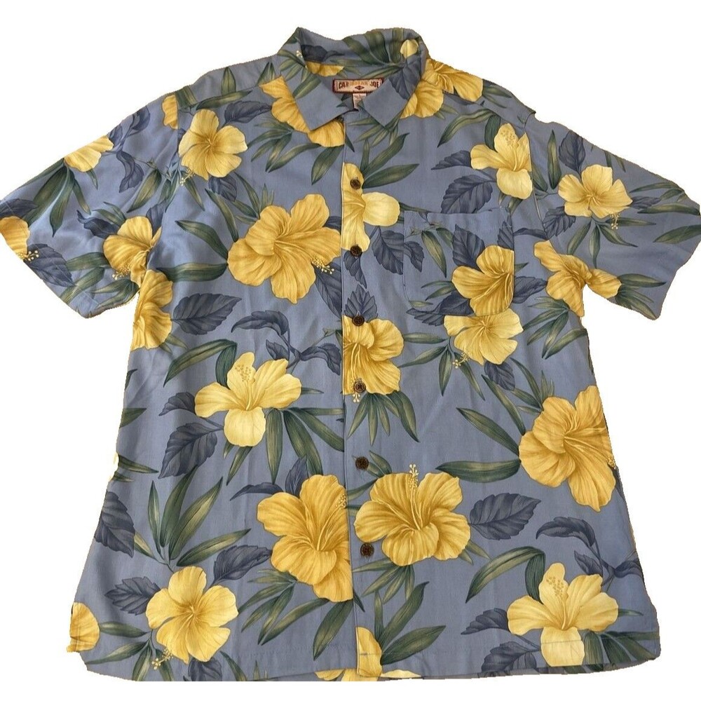 Caribbean Joe Blue Yellow Floral Rayon Hawaiian Shirt Mens Size L